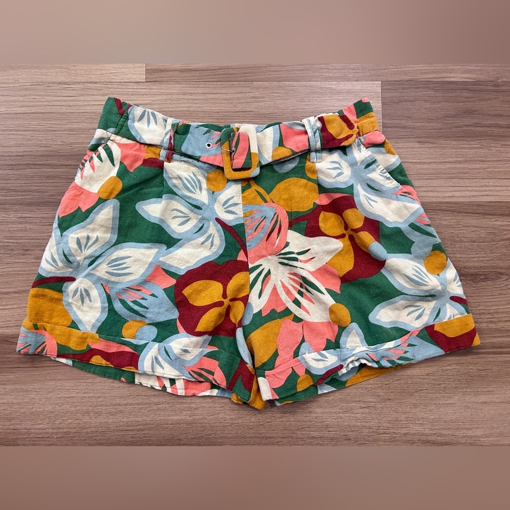 Maison d'Amelie Paris Women's Floral Linen Blend Belted Shorts Size 12 Colorful